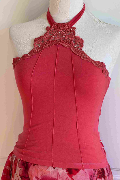 Coral Pink Embellished Halter Top