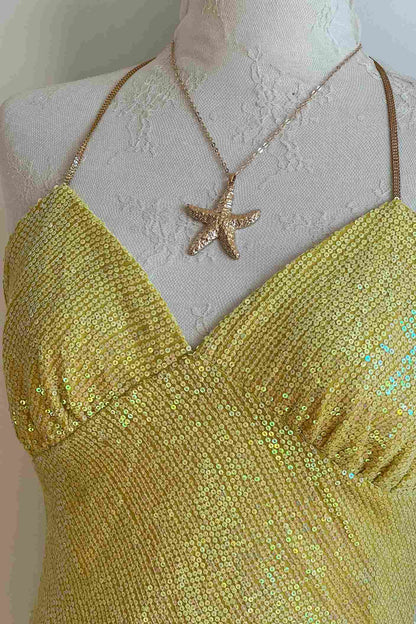 100% Silk Yellow Sequin Backless Top