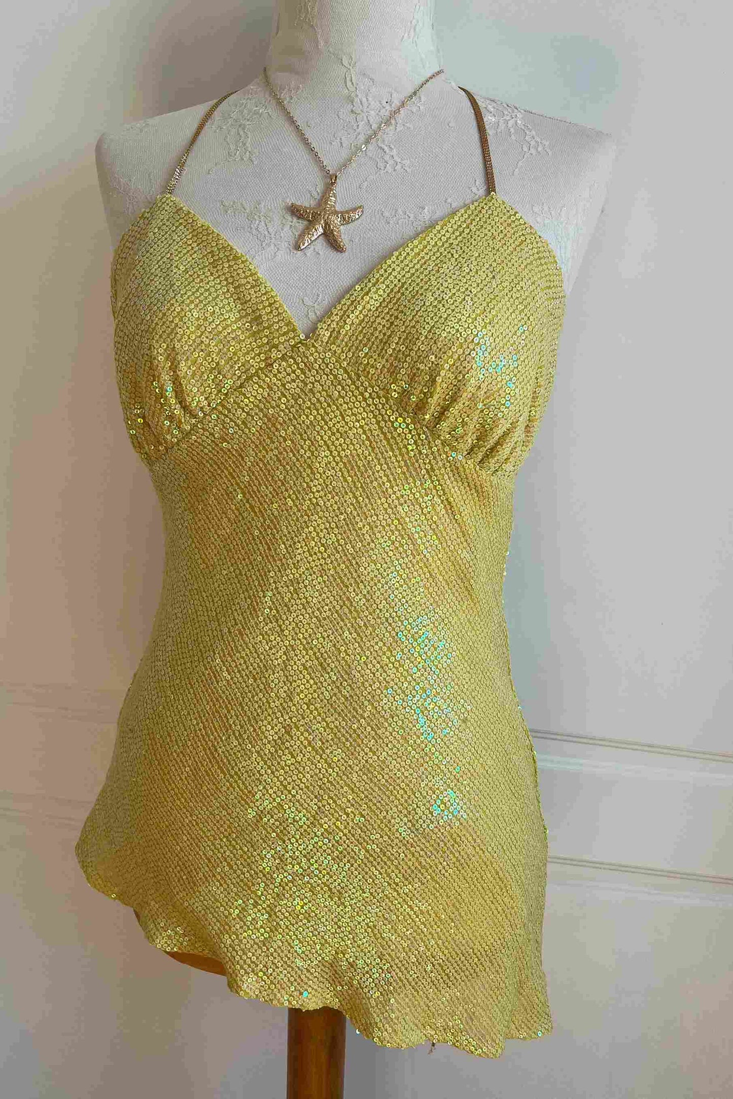 100% Silk Yellow Sequin Backless Top