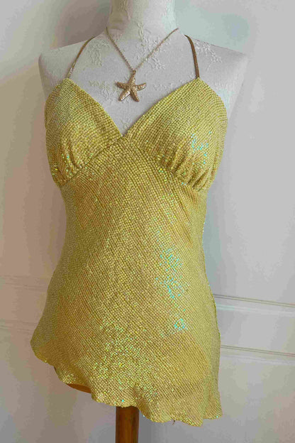 100% Silk Yellow Sequin Backless Top