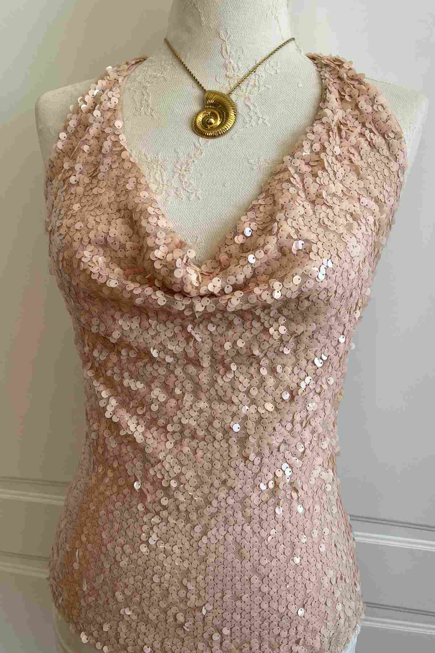 Vintage Peach Pink Sequin Halter Top