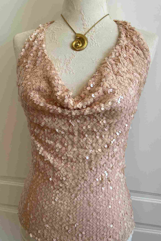 Vintage Peach Pink Sequin Halter Top