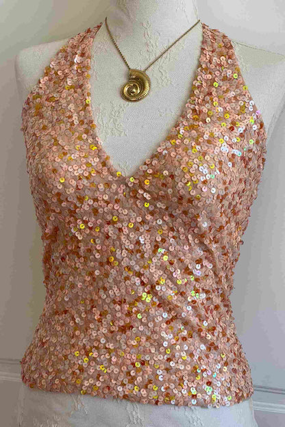 Vintage Salmon Pink Sequin Halter Top