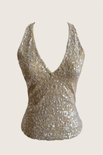 Pearl Beige Sequin Halter Camisole