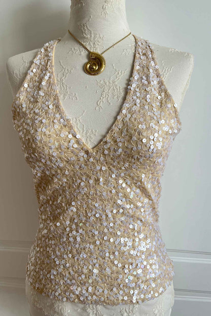 Pearl Beige Sequin Halter Camisole