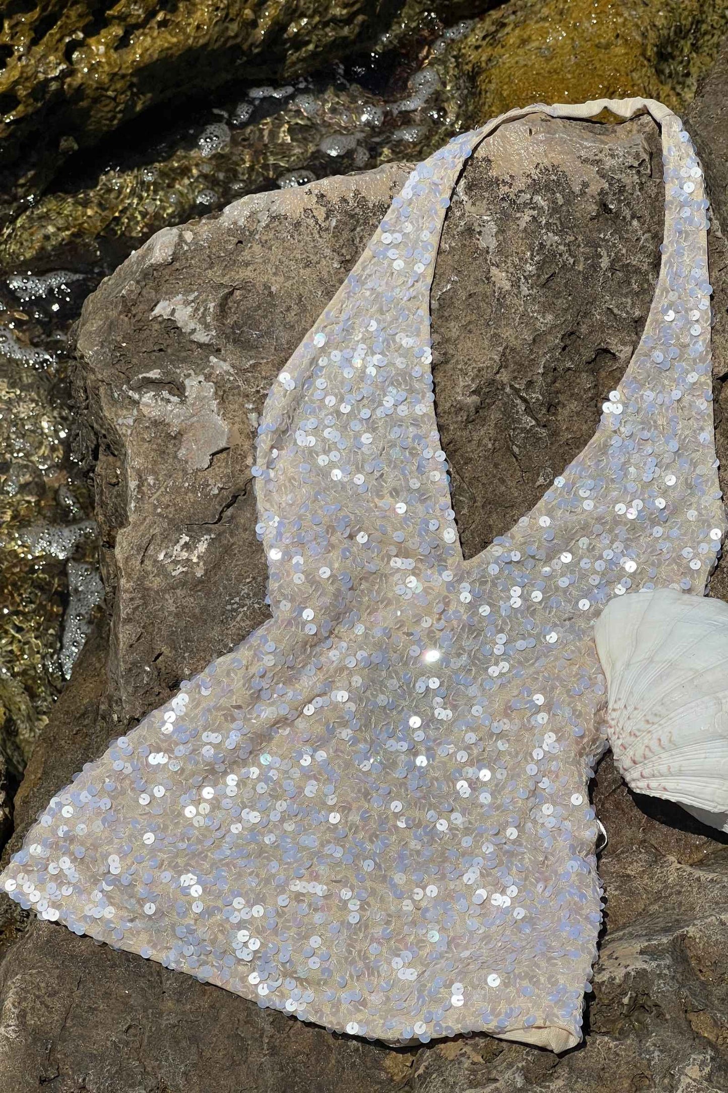 Pearl Beige Sequin Halter Camisole
