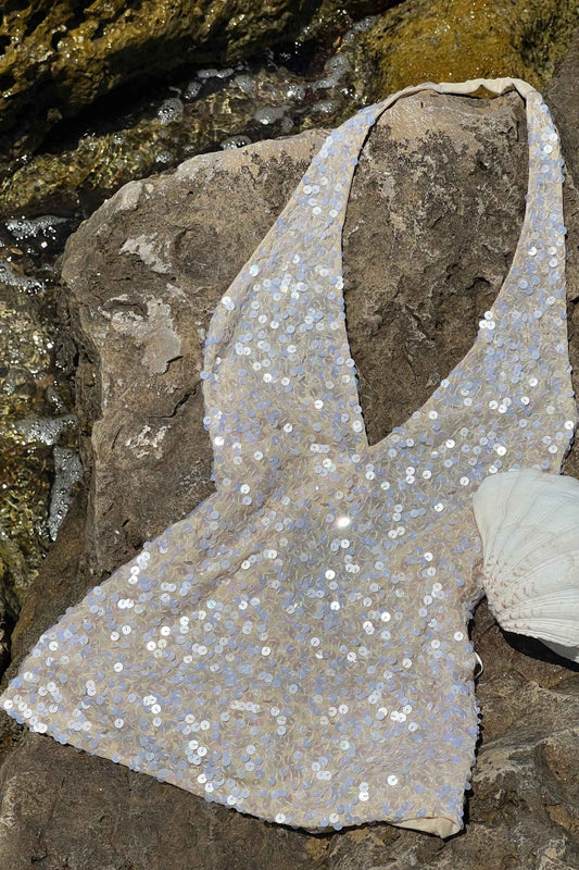 Pearl Beige Sequin Halter Camisole