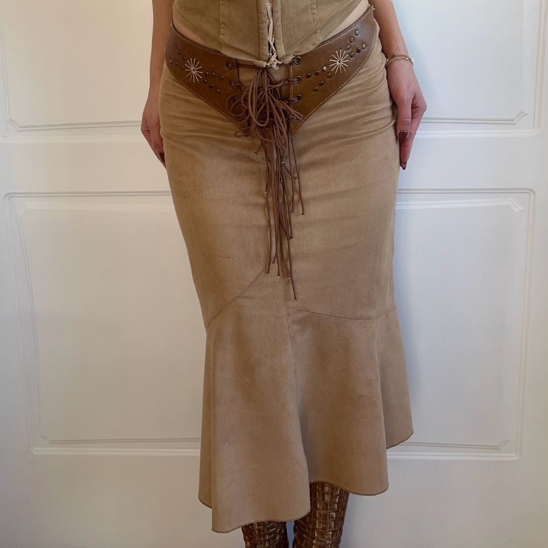 1990's Camel Brown Suedette lace-Up Skirt