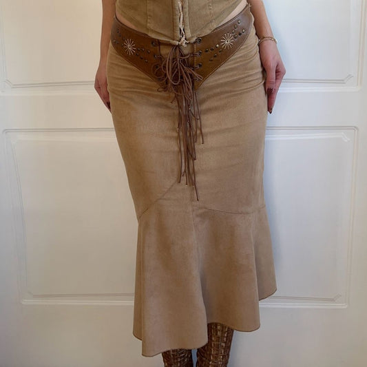 1990's Camel Brown Suedette lace-Up Skirt