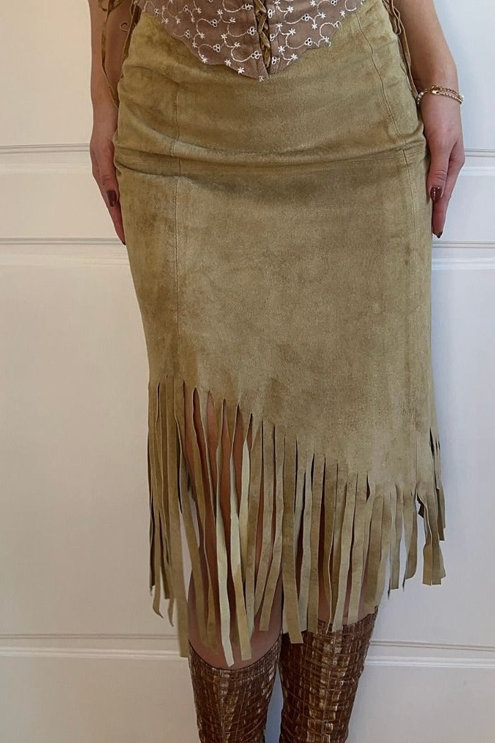 1990's Camel Brown Suede Tassel Skirt