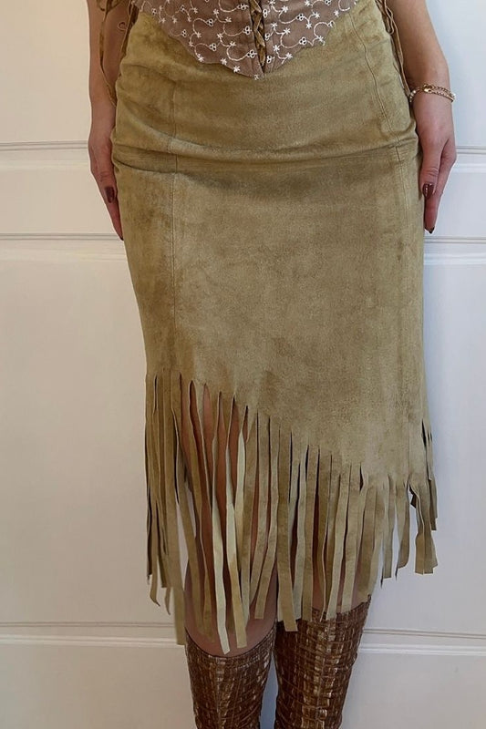 1990's Camel Brown Suede Tassel Skirt