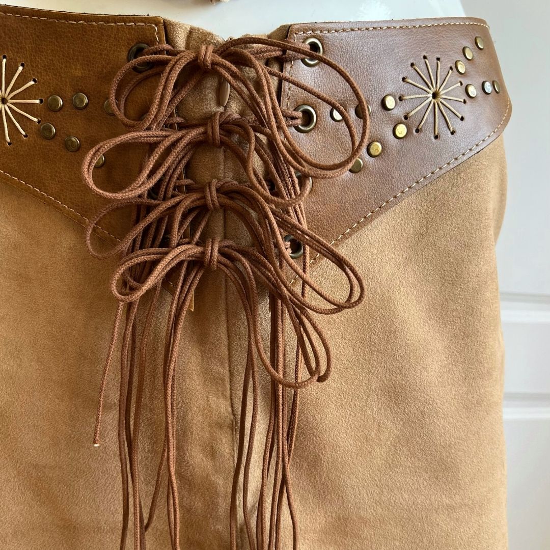 1990's Camel Brown Suedette lace-Up Skirt