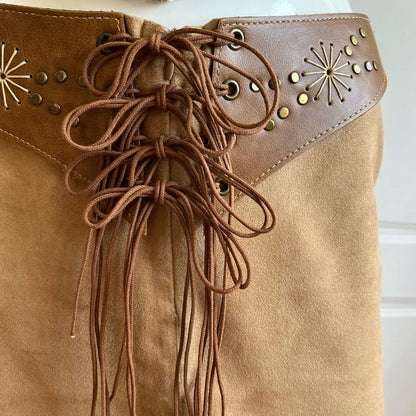 1990's Camel Brown Suedette lace-Up Skirt