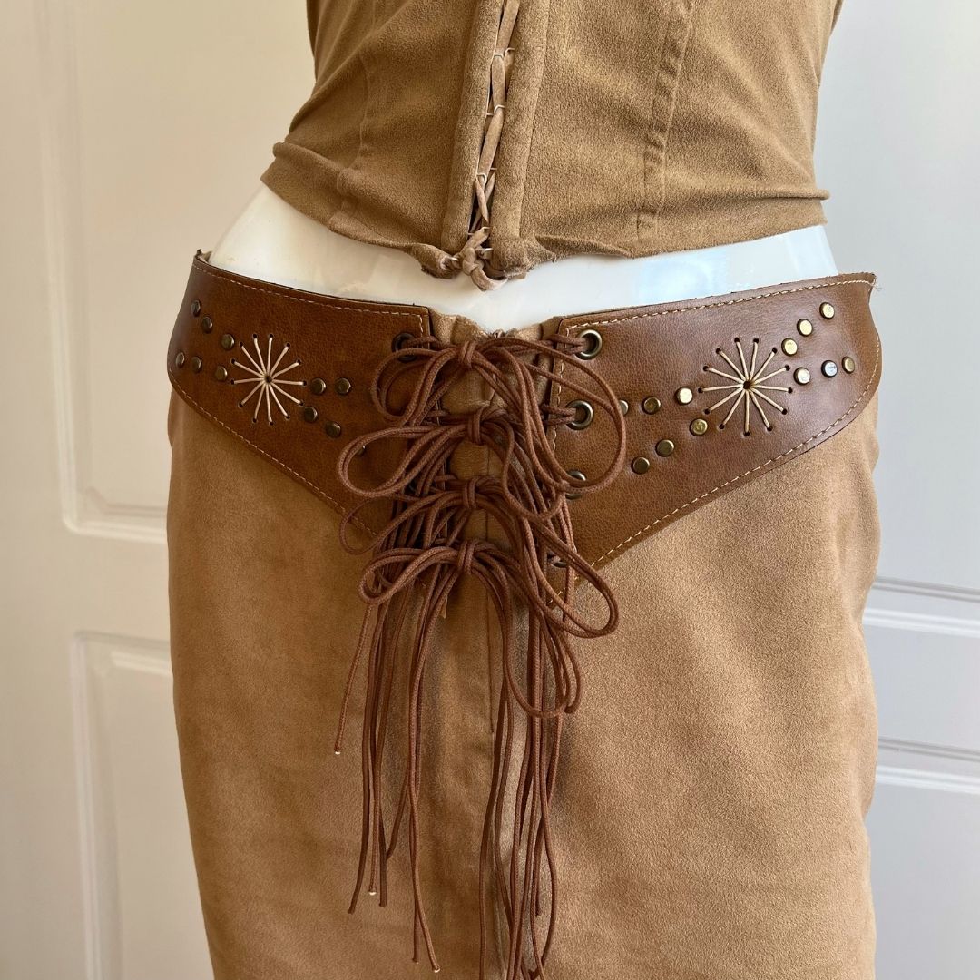 1990's Camel Brown Suedette lace-Up Skirt