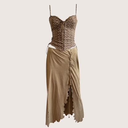 Vintage Luxurious Designer Taupe Eyelet Suedette Bustier