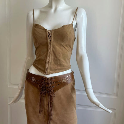 1990's Camel Brown Suedette lace-Up Skirt