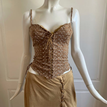 Vintage Luxurious Designer Taupe Eyelet Suedette Bustier