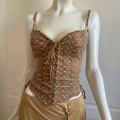Vintage Luxurious Designer Taupe Eyelet Suedette Bustier