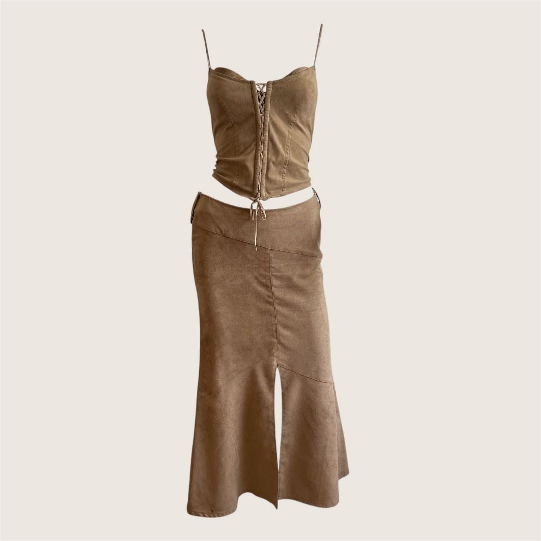 1990's Camel Brown Suedette Maxi Slit Skirt