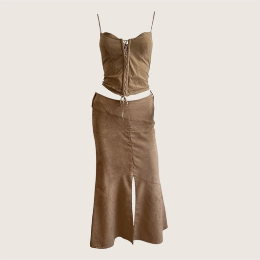 1990's Camel Brown Suedette Maxi Slit Skirt