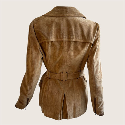 2000's Caramel Brown Suede Leather Belted Coat