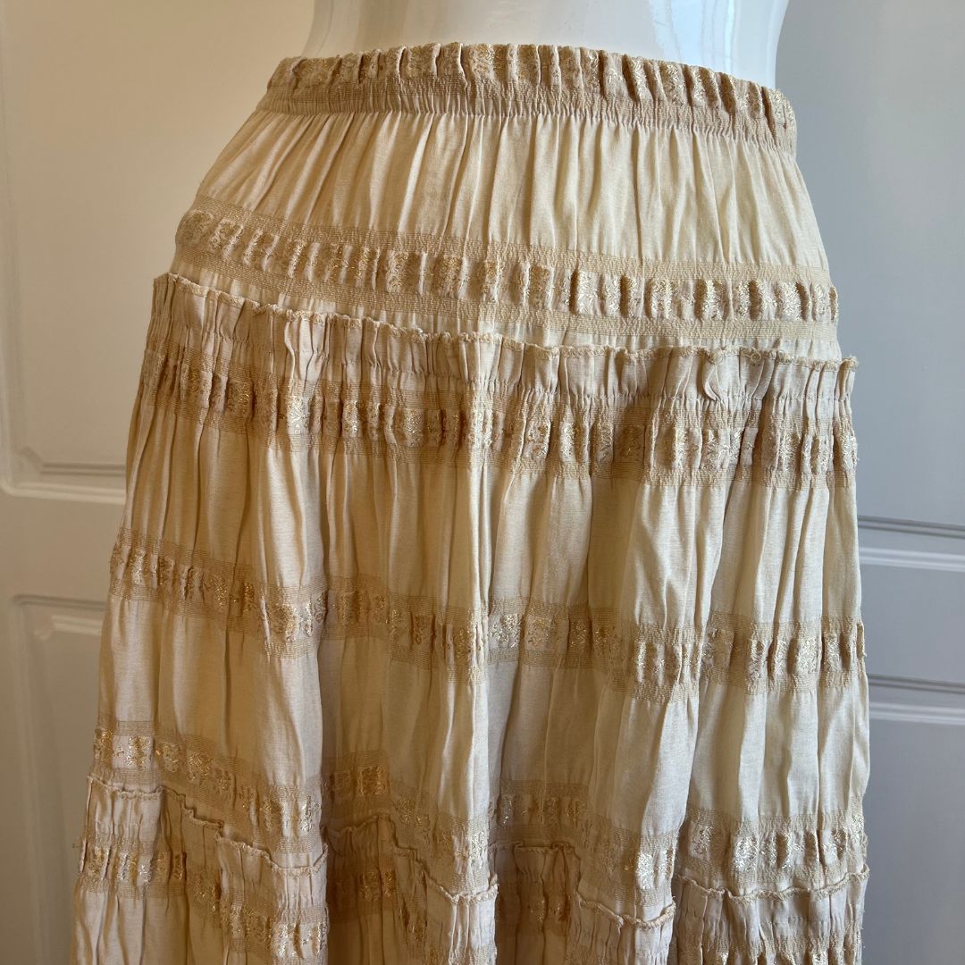 Vintage Beige Ruffle Midi Skirt