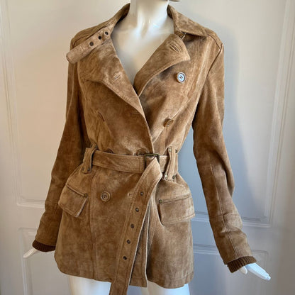 2000's Caramel Brown Suede Leather Belted Coat