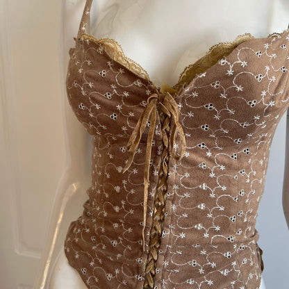 Vintage Luxurious Designer Taupe Eyelet Suedette Bustier