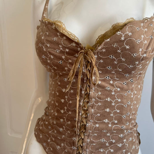 Vintage Luxurious Designer Taupe Eyelet Suedette Bustier