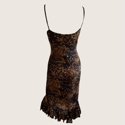 Vintage Dark Brown Tie-Dye Print Dress