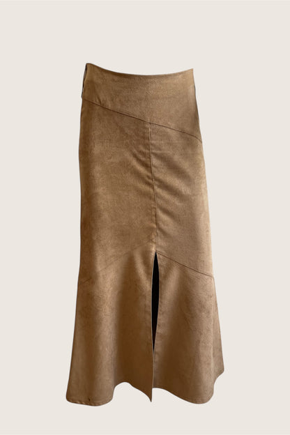 1990's Camel Brown Suedette Maxi Slit Skirt