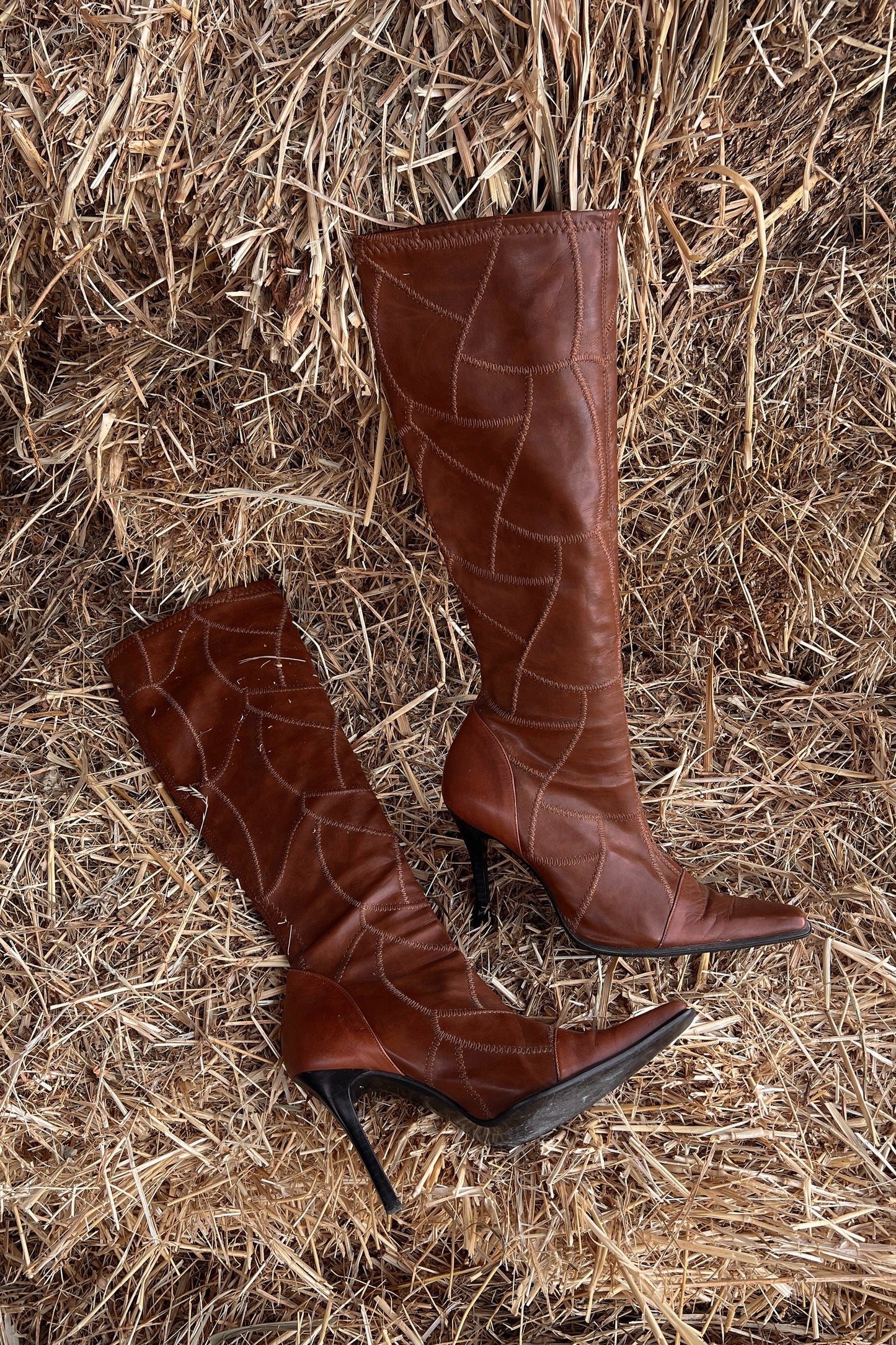 Vintage Italian Patchwork Leather Knee High Boot Heels (EU 37-38)