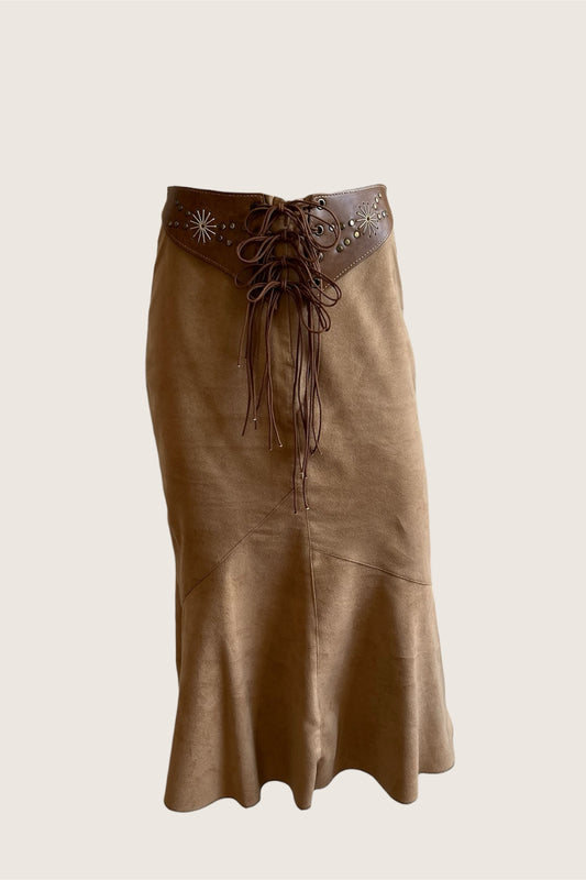 1990's Camel Brown Suedette lace-Up Skirt