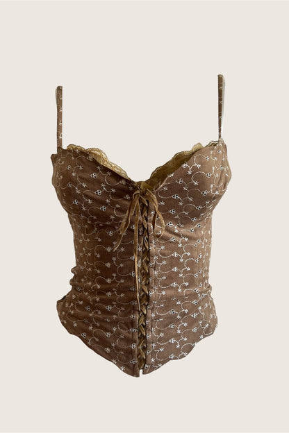 Vintage Luxurious Designer Taupe Eyelet Suedette Bustier